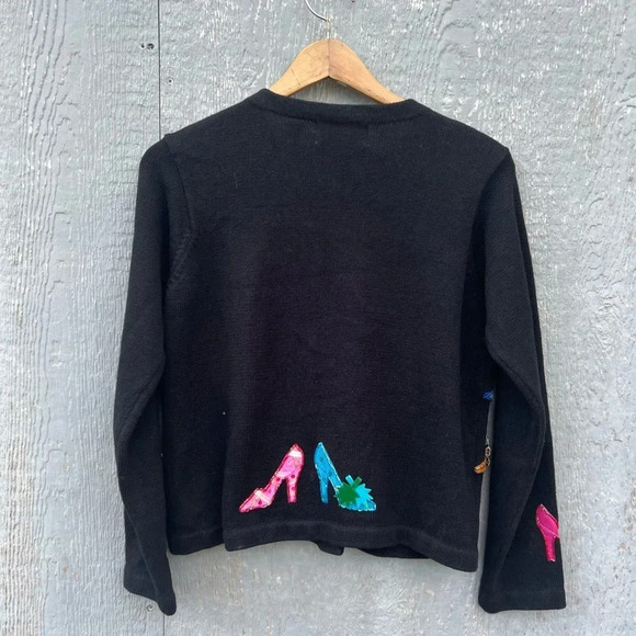Women's Black Cardigan with Colorful Shoe Design - Picture 4 of 5